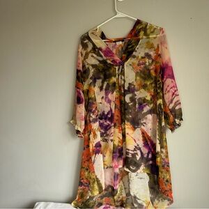 Floral Asymmetrical High-Low Tunic Top Sheer V-Neck Flowy Multi